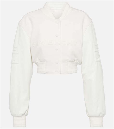 Wool and leather cropped bomber jacket in white 